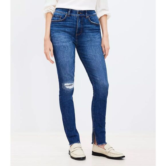 Loft Ankle Slit Fresh Cut High Rise Skinny Jeans Dark Vintage Wash Size 30 NWT - Picture 1 of 7